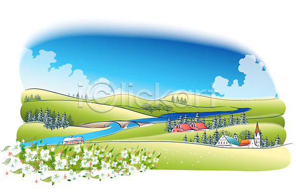 사람없음 EPS 일러스트 강 개울 건물 건축물 계절 구름(자연) 꽃 나무 마을 백그라운드 사계절 산 야외 언덕 여름(계절) 자연 주간 주택 초원(자연) 풍경(경치) 하늘 해외풍경