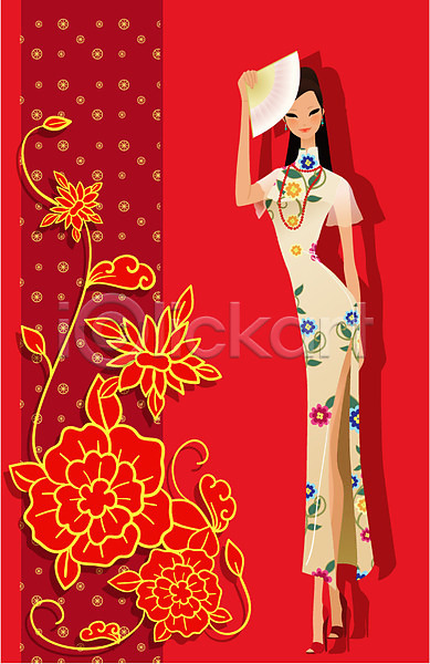 깨끗함 청춘(젊음) 20대 30대 사람 성인 여자 중국인 한명 EPS 일러스트 꽃무늬 모델 미인 부채 아시아 외국문화 이벤트 전신 전통의상 중국 중국문화 치파오 포즈 해외