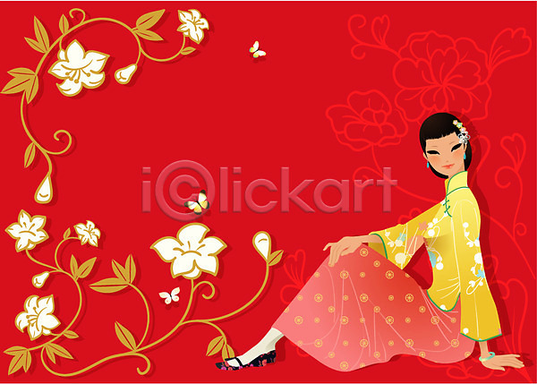 깨끗함 청춘(젊음) 20대 30대 사람 성인 여자 중국인 한명 EPS 일러스트 곤충 꽃무늬 나비 모델 미인 아시아 외국문화 이벤트 전신 전통의상 중국 중국문화 치파오 포즈 해외