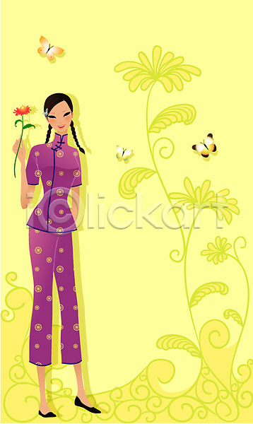 깨끗함 청춘(젊음) 20대 30대 사람 성인 여자 중국인 한명 EPS 일러스트 꽃 꽃무늬 나비 모델 미인 아시아 외국문화 이벤트 전신 전통의상 중국 중국문화 치파오 포즈 해외