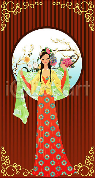 깨끗함 청춘(젊음) 20대 30대 사람 성인 여자 중국인 한명 EPS 일러스트 꽃무늬 모델 미인 아시아 외국문화 이벤트 전신 전통의상 중국 중국문화 치파오 포즈 해외