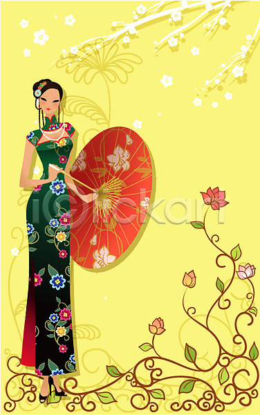 깨끗함 청춘(젊음) 20대 30대 사람 성인 여자 중국인 한명 EPS 일러스트 꽃무늬 모델 미인 아시아 양산 외국문화 이벤트 전신 전통의상 중국 중국문화 치파오 포즈 해외