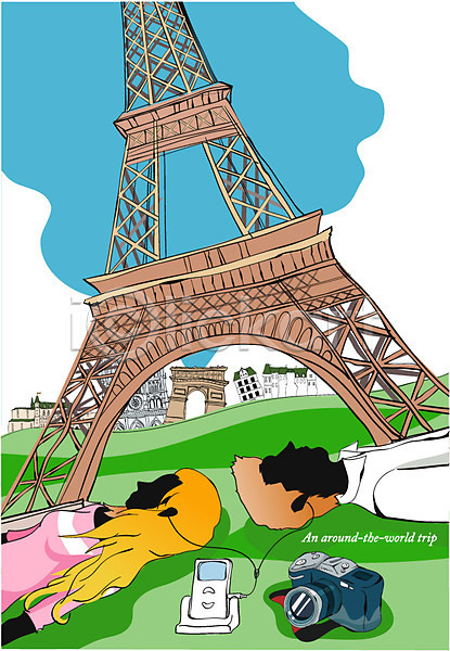 휴식 남자 두명 사람 여자 EPS 일러스트 MP3 개선문 세계여행 야외 에펠탑 여행 이어폰 주간 카메라 커플 파리(프랑스) 프랑스 휴가