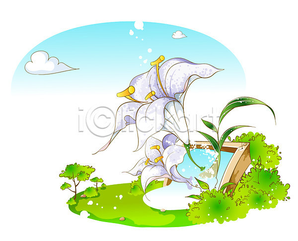 상상 사람없음 EPS 일러스트 구름(자연) 꽃 나무 날씨 맑음 백그라운드 백합(꽃) 식물 액자 야외 이벤트 판타지 하늘 흰색