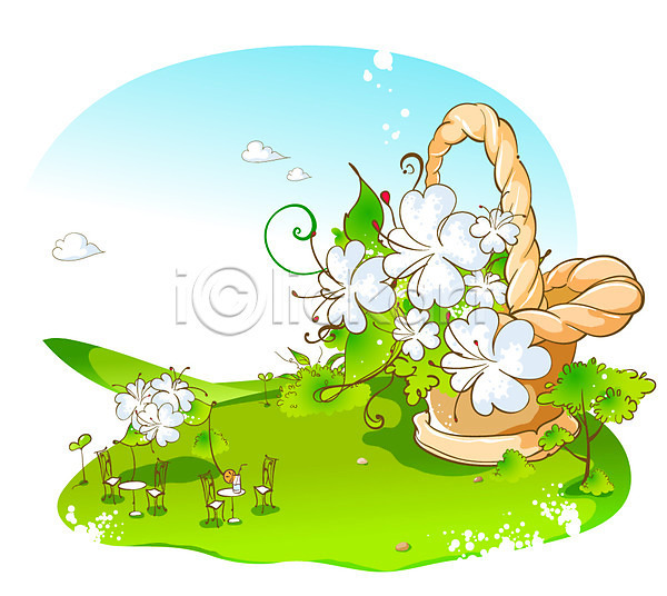 여유 사람없음 EPS 일러스트 공원 구름(자연) 꽃 꽃바구니 나무 날씨 맑음 바구니 백그라운드 식물 야외 의자 이벤트 주간 탁자 하늘 휴식처 흰색