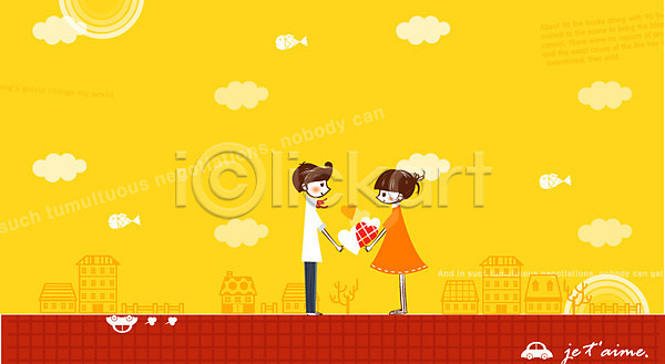 사랑 행복 남자 두명 사람 여자 EPS 일러스트 구름(자연) 노란색 데이트 마주보기 야외 약속 자동차 주간 주택 커플 컬러 프로포즈 하늘 하트