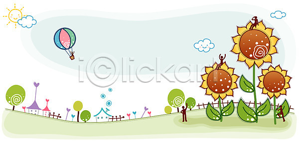 귀여움 사람없음 EPS 일러스트 구름(자연) 기구 꽃 나무 백그라운드 식물 야외 열기구 이벤트 주간 주택 태양 해 해바라기