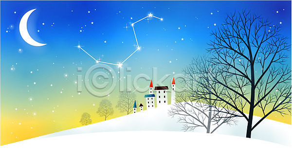 사람없음 EPS 일러스트 겨울 겨울배경 계절 나무 눈(날씨) 달 백그라운드 별 별자리 북두칠성 사계절 설원 야간 야외 언덕 자연 주택 풍경(경치)
