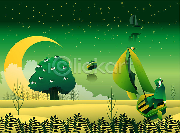 상상 사람 한명 EPS 일러스트 고래 구름(자연) 나무 달 밤하늘 배(교통) 백그라운드 별 야간 야외 여행 응시 초록색 컬러 판타지 풀(식물) 풀잎