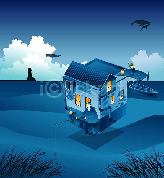 상상 휴식 두명 사람 어린이 EPS 일러스트 고래 교통시설 구름(자연) 나룻배 낚시 등대 백그라운드 야간 인사 주택 파란색 판타지 풀잎