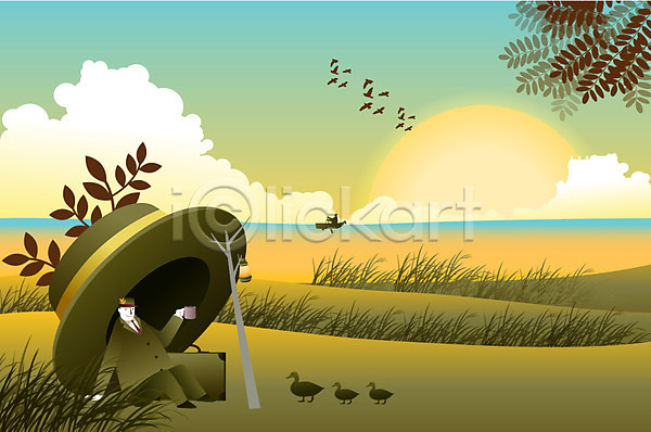 상상 휴식 사람 한명 EPS 일러스트 구름(자연) 나무 노을 모자(잡화) 백그라운드 아저씨 야외 여행 오리 중절모 철새 커피 태양 판타지 풀잎 해
