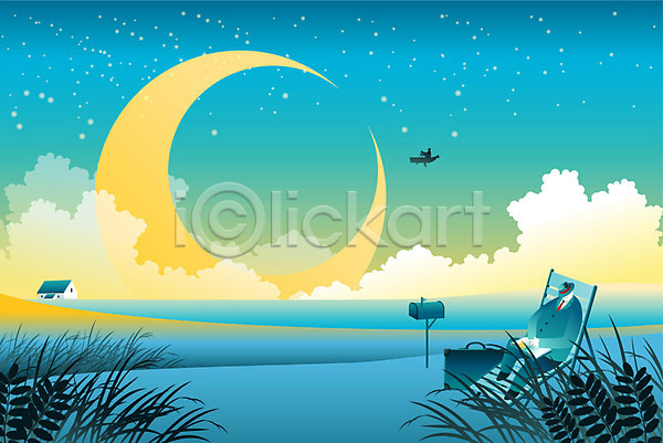 상상 휴식 사람 한명 EPS 일러스트 구름(자연) 꿈 달 밤하늘 백그라운드 별 야간 야외 여행 주택 지평선 컬러 파란색 판타지 풀잎