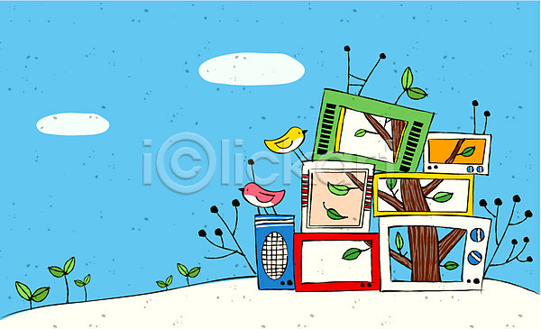 사람없음 EPS 라인일러스트 일러스트 가전제품 구름(자연) 나무 나뭇잎 라인아트 백그라운드 스피커 알림 야외 영상물 이벤트 자연 전자제품 조류 주간 텔레비전 하늘