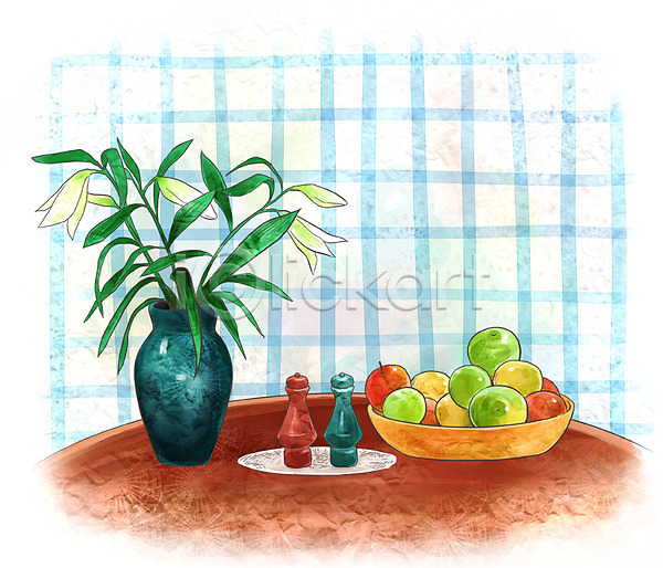 사람없음 PSD 일러스트 가구 과일 그릇 꽃 꽃병 백그라운드 수채화(물감) 식탁 실내 양념통 오브젝트 인테리어 장식 탁자 페인터