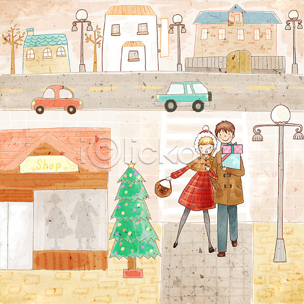 사랑 행복 남자 두명 사람 여자 PSD 일러스트 가로등 건물 겨울 계절 공공시설 교통시설 도로 도시 라이프스타일 상점 선물 쇼핑 야외 자동차 커플 페인터 풍경(경치)