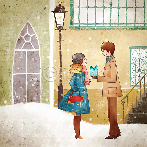 사랑 행복 남자 두명 사람 여자 PSD 일러스트 가로등 겨울 계단 계절 공공시설 눈(날씨) 눈송이 라이프스타일 선물 야외 커플 페인터 프로포즈