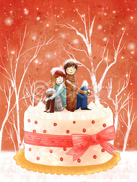 사랑 남자 사람 여자 일러스트 겨울 눈꽃 라이프스타일 이벤트 커플 케이크