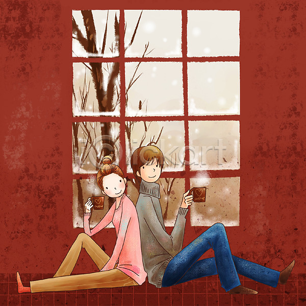 사랑 여유 행복 휴식 남자 두명 사람 여자 PSD 일러스트 겨울 계절 나무 눈(날씨) 라이프스타일 실내 창문 커플 커피 페인터