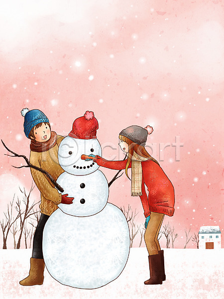 사랑 행복 남자 두명 사람 여자 PSD 일러스트 겨울 계절 놀이 눈사람 라이프스타일 야외 장난 커플 페인터
