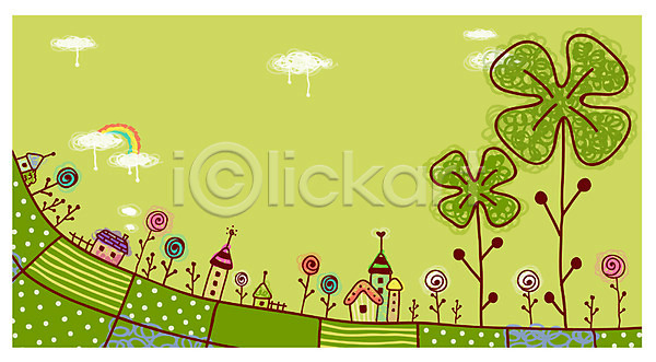 행운 사람없음 EPS 일러스트 건물 구름(자연) 꽃 네잎클로버 마을 무지개 백그라운드 안내 알림 알림판 이벤트 주택 초록색 컬러