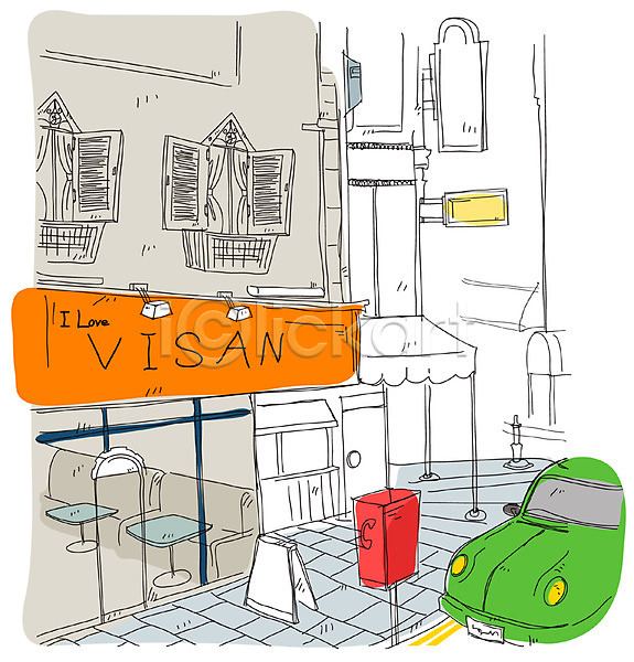 사람없음 EPS 일러스트 거리 건물 건축 도시 백그라운드 상점 스케치 야외 자동차 카페 풍경(경치)