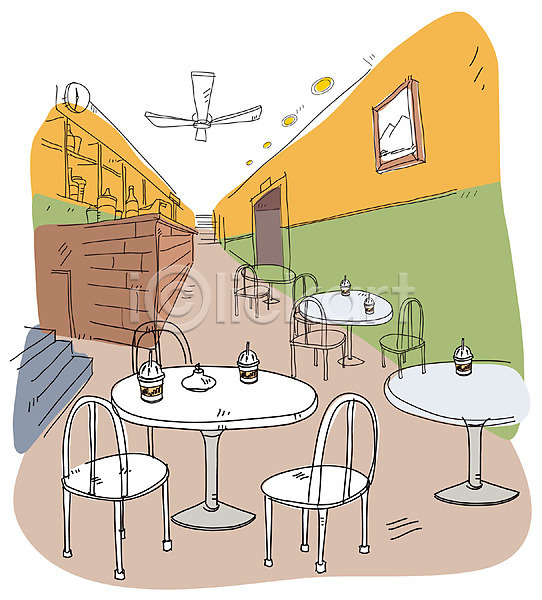 사람없음 EPS 일러스트 도시 백그라운드 상업시설 상점 스케치 실내 원근감 음료 의자 인테리어 카페 탁자 테이크아웃 풍경(경치)