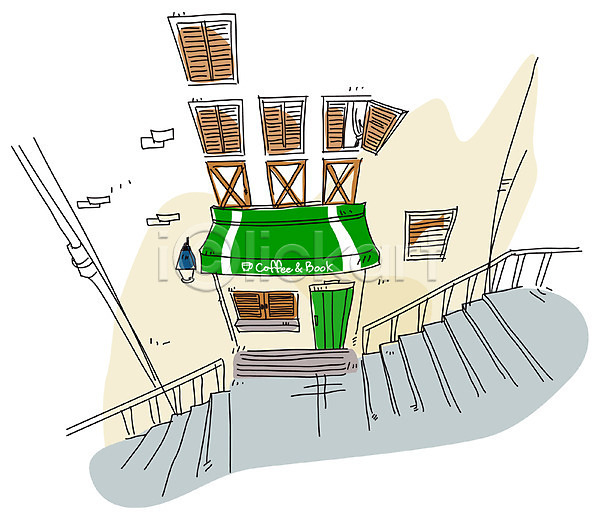 사람없음 EPS 일러스트 건물 건축 계단 도시 백그라운드 상업시설 스케치 야외 카페 풍경(경치)