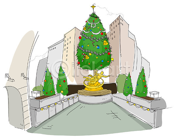 사람없음 EPS 일러스트 건물 건축 기념일 도시 백그라운드 스케치 야외 조명 종교 크리스마스 크리스마스트리 풍경(경치)