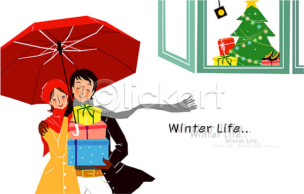 사랑 남자 두명 사람 여자 EPS 일러스트 겨울 계절 라이프 라이프스타일 생활 선물 쇼윈도 쇼핑 우산 커플