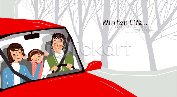 남자 사람 세명 어린이 어린이만 여자 EPS 일러스트 가족 겨울 계절 나무 드라이브 라이프 라이프스타일 생활 안전 야외 운전 자동차