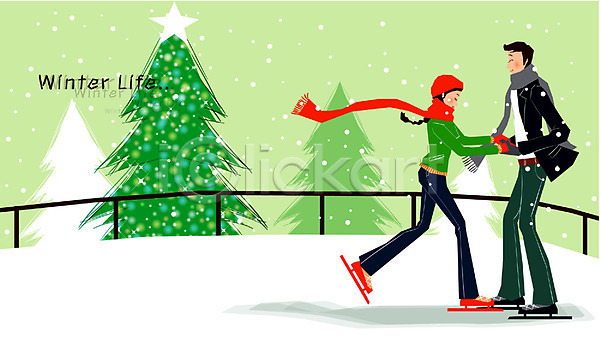 사랑 남자 두명 사람 여자 EPS 일러스트 겨울 겨울스포츠 계절 눈(날씨) 눈내림 라이프 라이프스타일 생활 스케이트 스케이트장 야외 커플 크리스마스트리