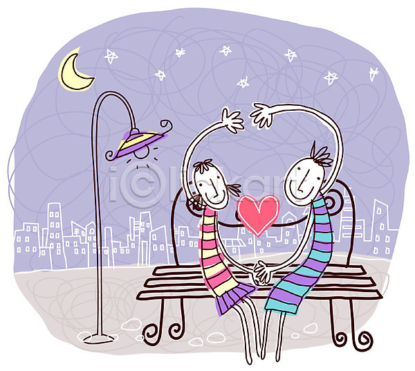 사랑 남자 두명 사람 여자 EPS 일러스트 가로등 공공시설 공원 데이트 백그라운드 벤치 야간 야외 커플