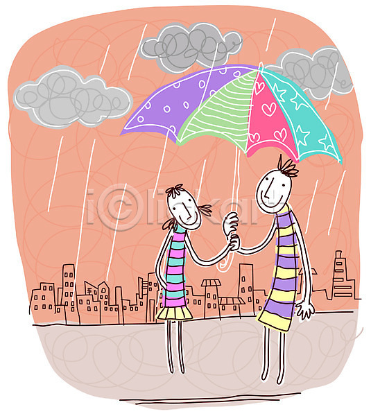 사랑 남자 두명 사람 여자 EPS 일러스트 데이트 먹구름 백그라운드 비(날씨) 빗방울 야외 우산 커플