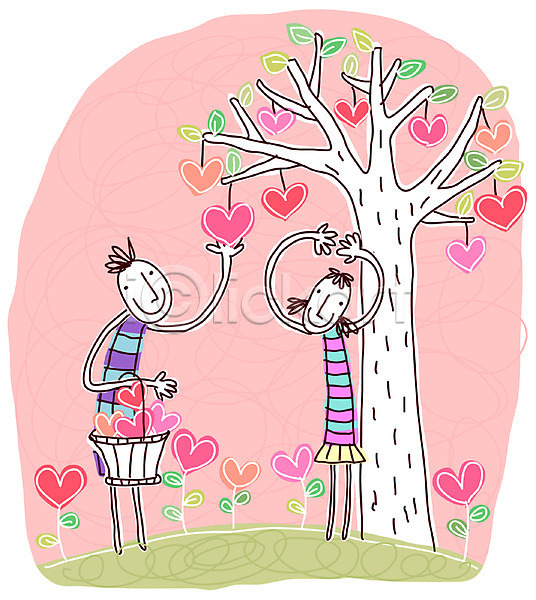 사랑 상상 남자 두명 사람 여자 EPS 일러스트 나무 데이트 바구니 사랑나무 상상캐릭터 야외 주간 캐릭터 커플 하트