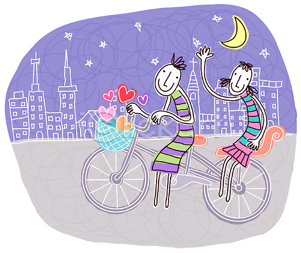 사랑 남자 두명 사람 여자 EPS 일러스트 공공시설 공원 놀이 달 데이트 마을 백그라운드 별 야간 야외 자전거 커플 커플자전거
