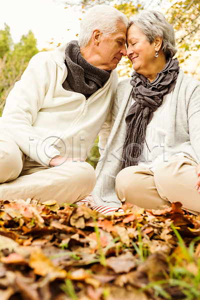 사랑 함께함 행복 60대 70대 남자 노년 노인만 두명 백인 여자 JPG 포토 해외이미지 가을(계절) 겨울옷 공원 라이프스타일 목도리 미소(표정) 백발 앉기 야외 잎 자연 초록색 커플 해외202004