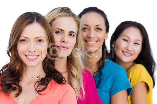 우정 함께함 행복 20대 30대 동양인 백인 성인 여러명 여자 JPG 포토 해외이미지 내추럴 노란색 미소(표정) 서기 오렌지 응시 정확 티셔츠 해외202004 흰배경