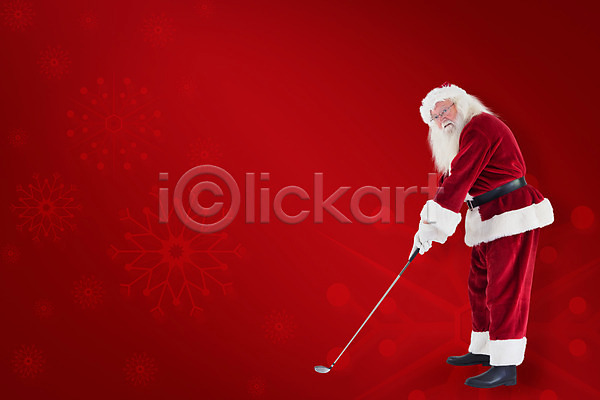 남자 노년 노인남자한명만 한명 JPG 옆모습 포토 해외이미지 골프 골프채 들기 빨간색 산타클로스 전신 크리스마스 해외202004