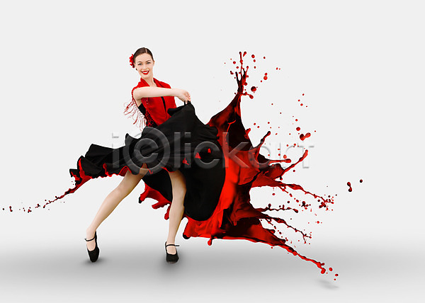 자유 행복 10대 백인 십대여자한명만 여자 한명 JPG 포토 해외이미지 갈색머리 검은색 꽃 댄서 문화 미소(표정) 빨간색 응시 잡기 전신 추상 카피스페이스 컨셉 페인트 플라멩코 해외202004 흰배경