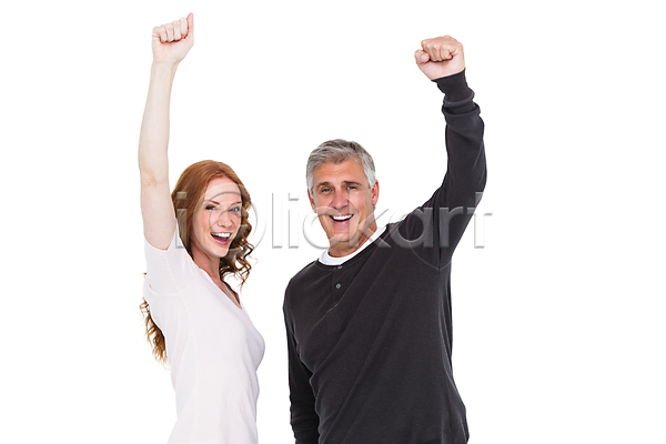 성공 행복 흥분 30대 50대 남자 두명 백인 사람 성인 여자 중년 JPG 포토 해외이미지 미소(표정) 빨간머리 스웨터 응원 캐주얼 커플 필승 해외202004 흰배경