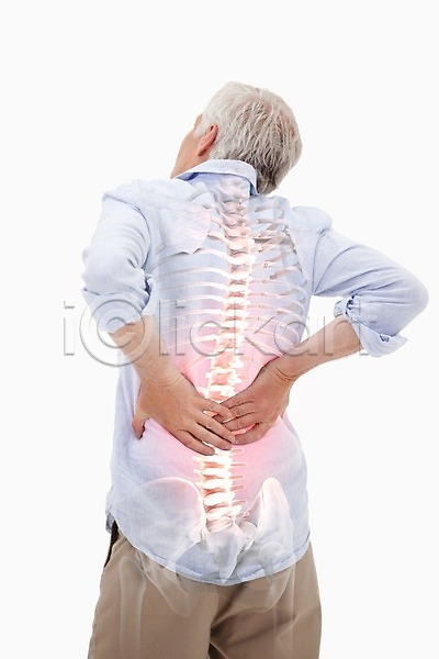 고통 40대 남자 백인 중년 한명 JPG 포토 해외이미지 골격 몸통 백그라운드 보여주기 빨간색 뼈 신체 요통 질병 척추 해외202004