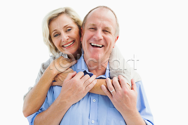 사랑 함께함 행복 50대 남자 노년 두명 백인 여자 중년 JPG 포토 해외이미지 미소(표정) 서기 웃음 응시 정확 커플 포옹 해외202004 흰배경