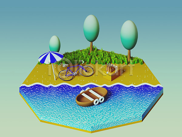 사람없음 3D JPG 포토 해외이미지 그래픽 나무 디자인 무료이미지 바다 배(교통) 소풍바구니 아이소메트릭 여행 자전거 파라솔 해변 해외202004 휴가