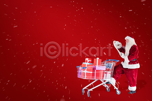 남자 노년 노인남자한명만 한명 JPG 옆모습 포토 해외이미지 눈내림 들기 빨간색 산타클로스 선물상자 쇼핑 쇼핑카 전신 종이 크리스마스 해외202004