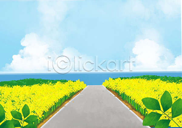 사람없음 PSD 일러스트 구름(자연) 노란색 도로 바다 백그라운드 유채 유채밭 잎 제주도 제주도여행 풍경(경치) 하늘