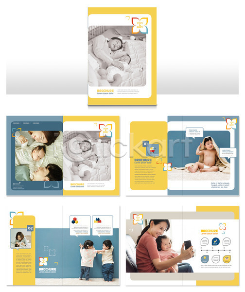 20대 30대 남자 성인 아기 여러명 여자 한국인 INDD ZIP 인디자인 템플릿 가족 노란색 리플렛 사진촬영 아빠 엄마 육아 임신 파란색 팜플렛