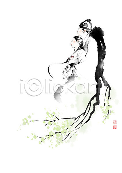 사랑 남자 두명 여자 PSD 일러스트 꽃 나무 나뭇가지 낙관 번짐 붓터치 잎 캘리그라피 커플 포옹 한복