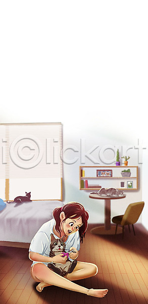 여자 여자한명만 한명 PSD 일러스트 갈색 고양이 반려 반려동물 반려묘 발톱 발톱관리 방 세마리 의자 전신 침대 탁자 펫팸족