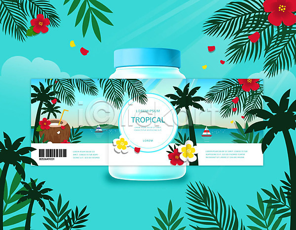시원함 사람없음 PSD 편집이미지 꽃 병(담는) 야자수 여름(계절) 유리병 음료 코코넛 코코넛주스 트로피컬아트 파란색 패키지
