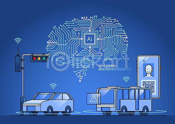 사람없음 AI(파일형식) 일러스트 4차산업 5G IT산업 QR코드 도로 모빌리티 버스 스마트폰 신분증 신호등 자동차 자율주행 정보기술 파란색